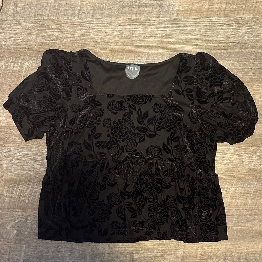 ARULA Black Floral Babydoll Top